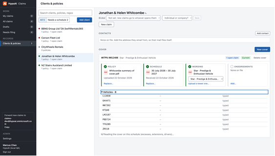 HypoAI claims workspace showing a client's policies, cover schedules and vehicles in one view