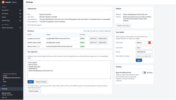 HypoAI settings showing a claims mailbox, team members and how emailed claims are assigned